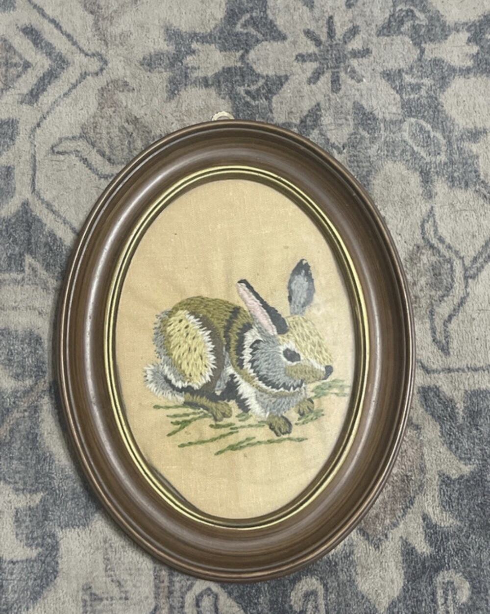 Vintage Crewel Embroidered Rabbit Bunny Framed Picture